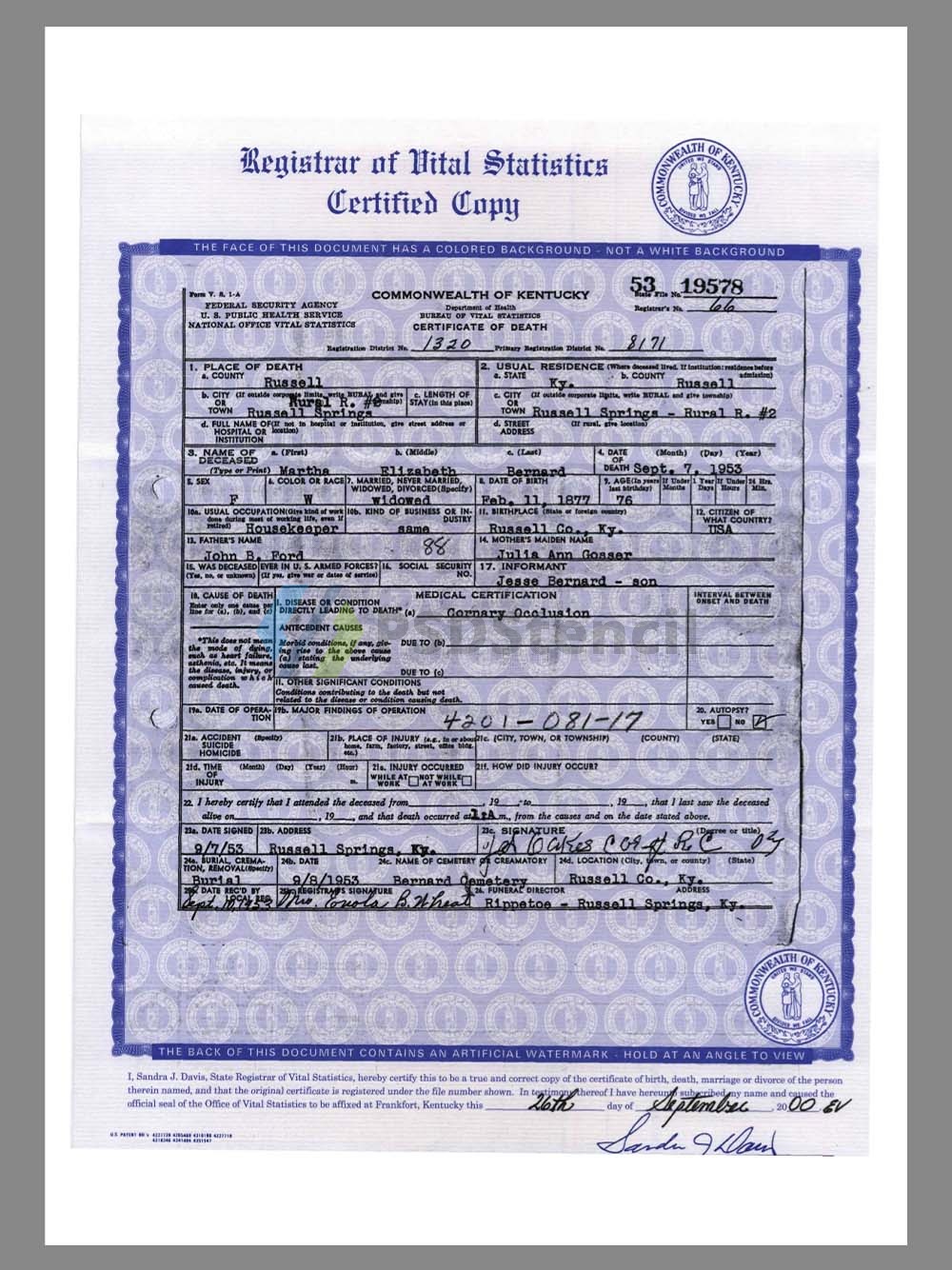 USA Kentucky Death Certificate美国肯塔基州死亡证明pdf模板