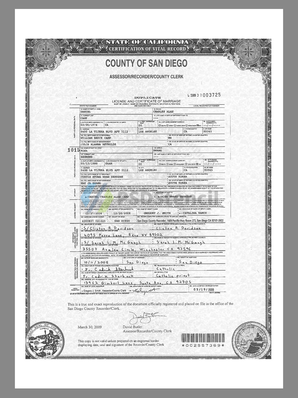 USA California Marriage Certificate美国加州结婚证PDF模板（V1）
