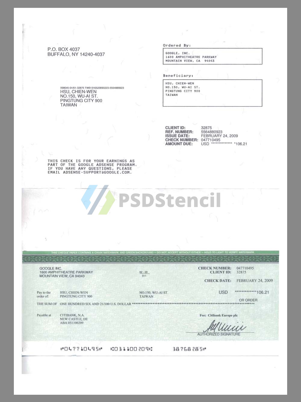 Google Adsence Paycheck template谷歌广告收入证明/工资账单PDF模板