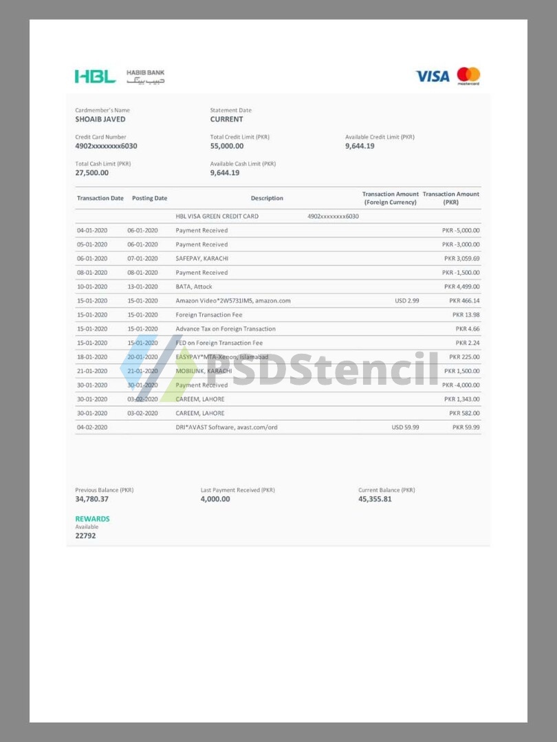 Pakistan HBL Bank Statement巴基斯坦银行账单/KYC地址证明word/pdf模板