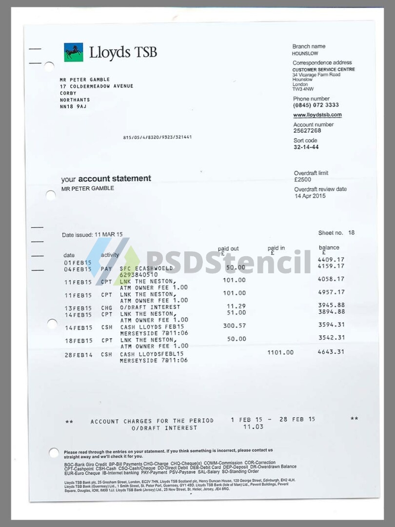 英国Lloyds TSB Bank Statement银行账单/KYC地址证明psd模板