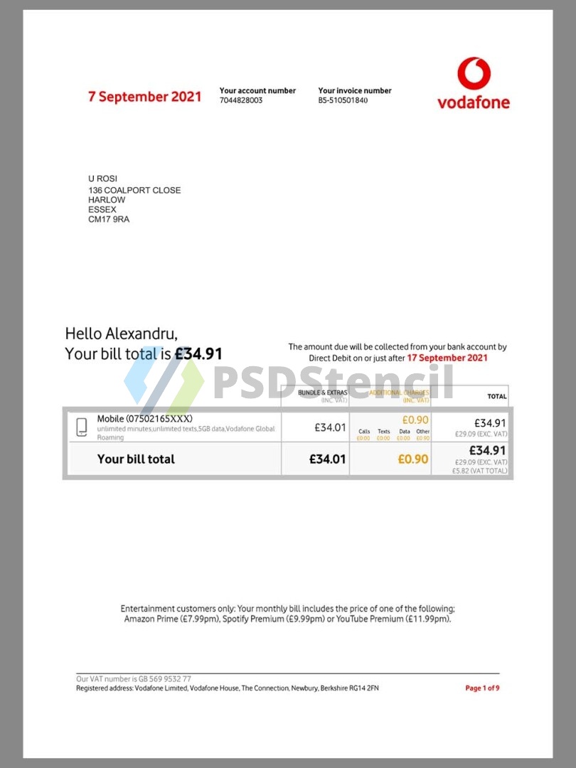 Vodafone Telecom Invoice网费/话费账单/KYC地址证明pdf模板