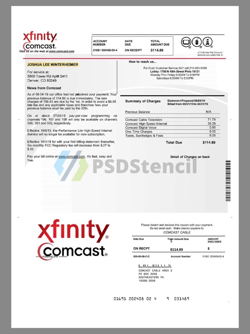 USA Xfinity Comcast Invoice美国无线通信电视/宽带/话费账单pdf模板