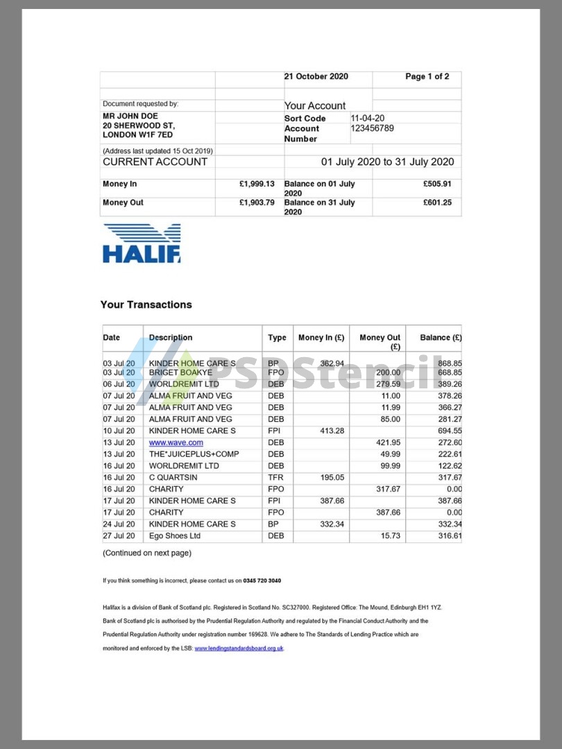 英国Halifax Bank Statement银行账单/KYC地址证明word模板