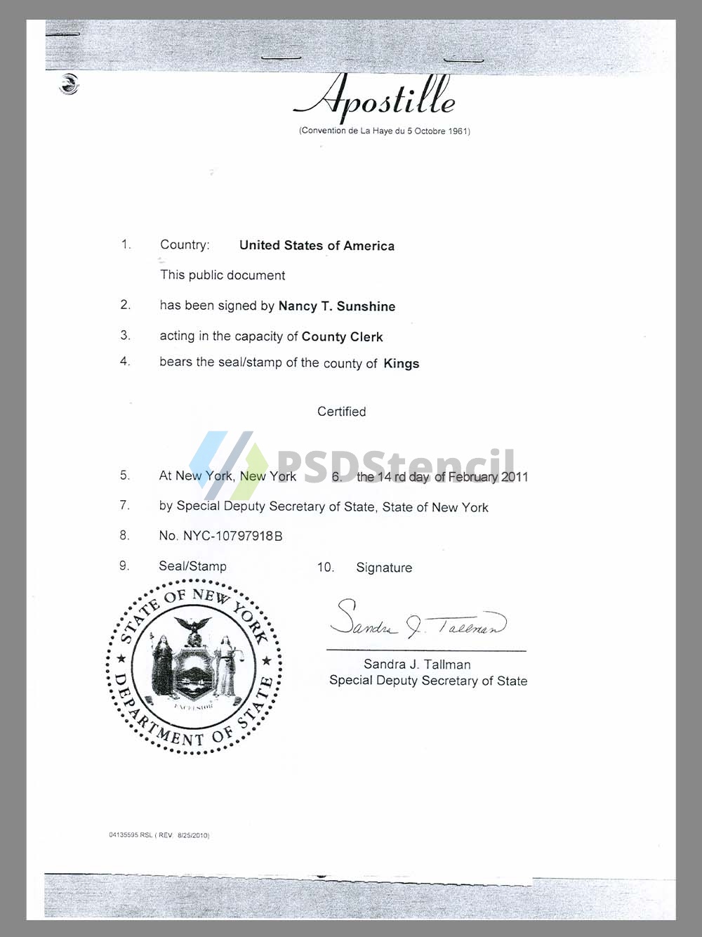 USA New York Apostille Certificate美国纽约州认证公证书pdf模板