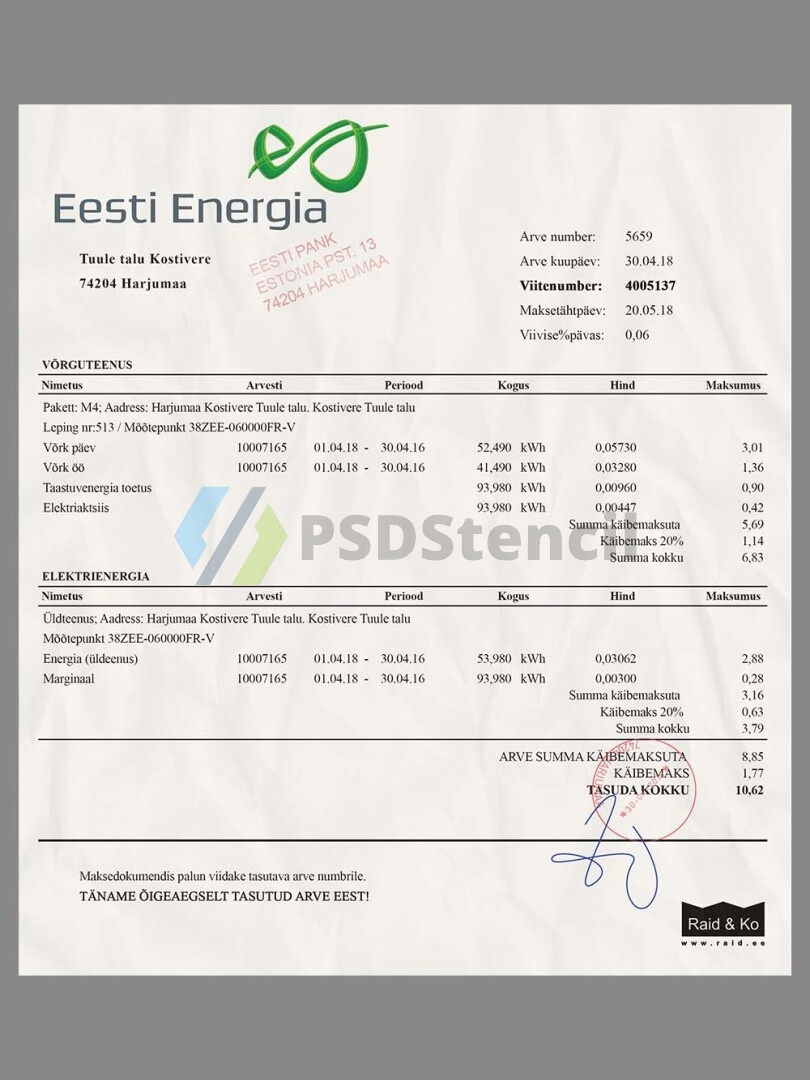 东欧|Estonia Eesti Energia Utility Bills爱沙尼亚水电费账单psd模板