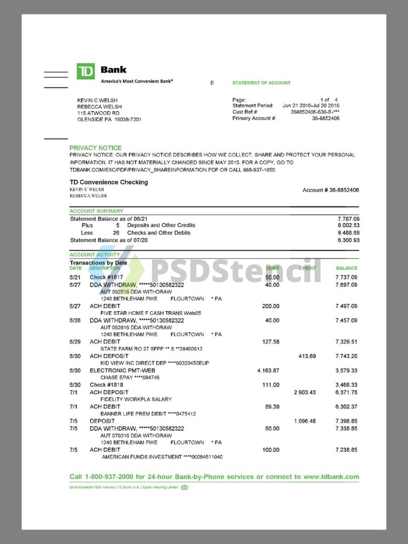 美国TD Bank Statement银行账单/KYC地址证明pdf模板