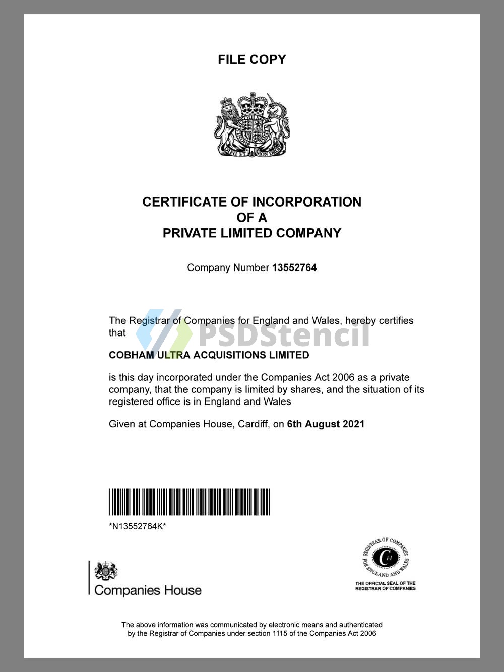 UK/England Company Certificate英国营业执照pdf模板（V1）