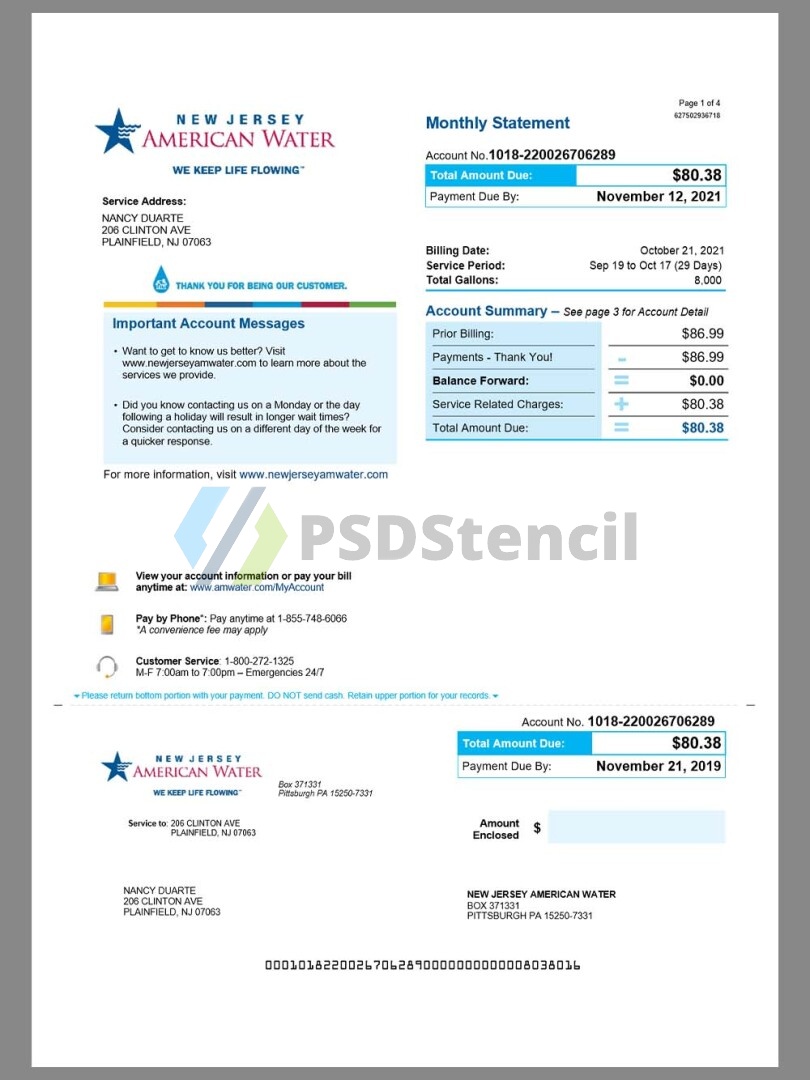 USA New Jersey American Water Utility Bill美国新泽西水电费账单word/pdf模板