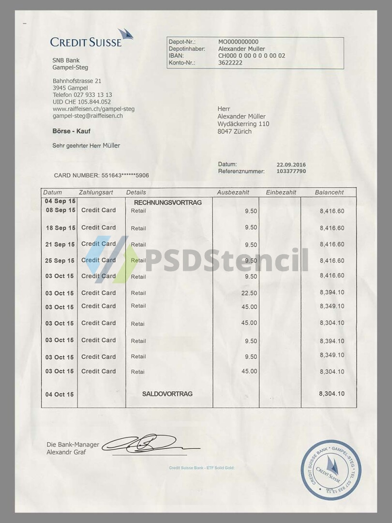 Credit Suisse Bank Statement瑞士信贷银行账单/KYC地址证明psd模板