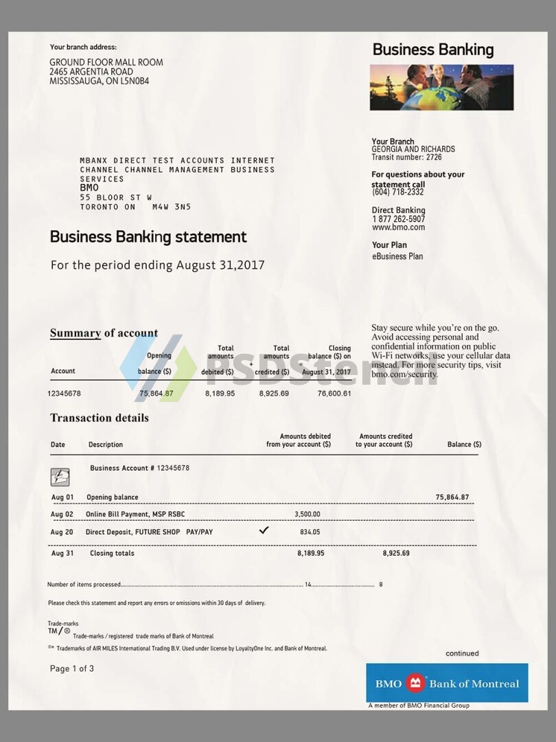 加拿大 Bank of Montreal Statement银行账单/KYC地址证明psd模板