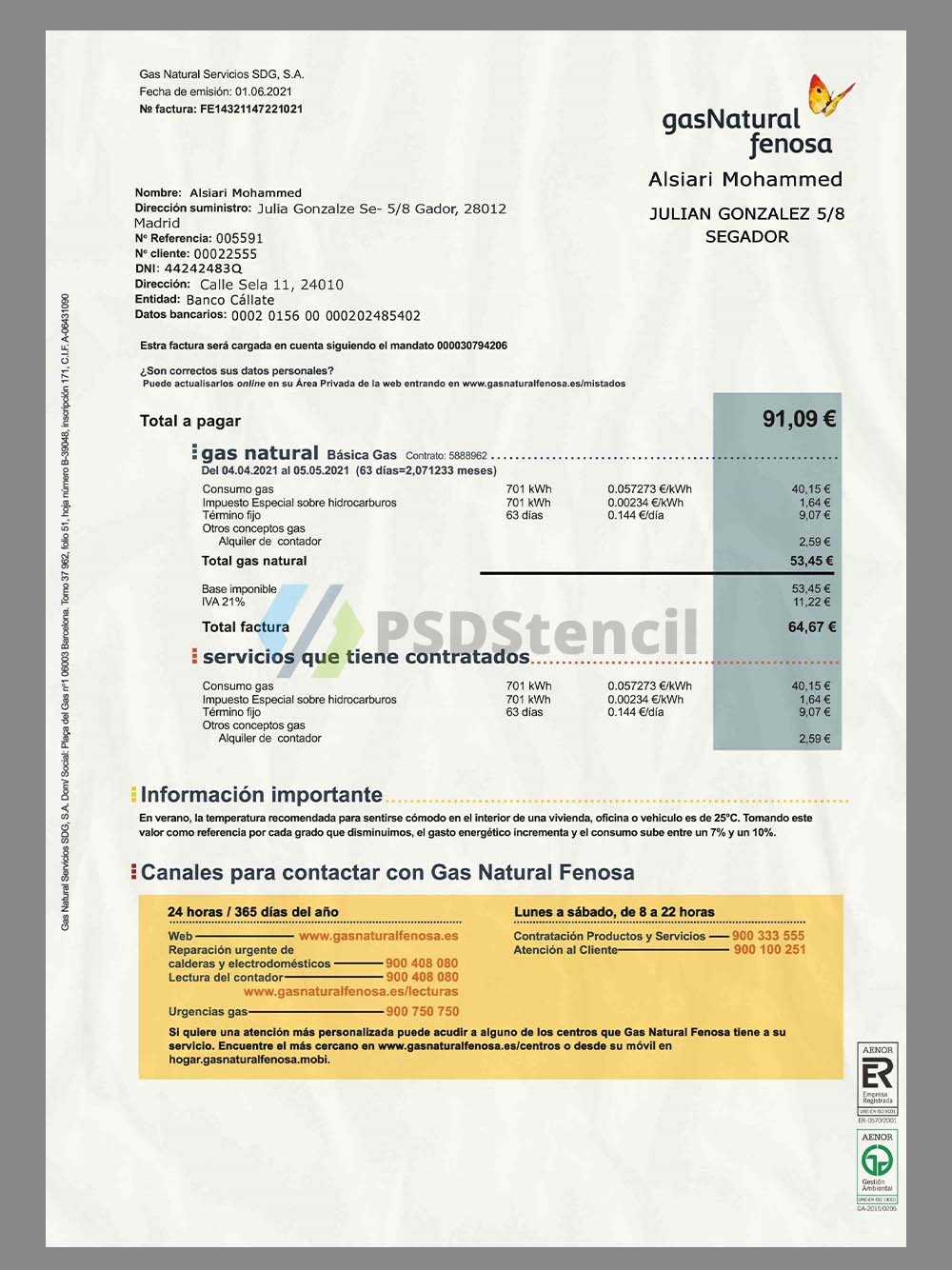 西班牙|南美 Gas Natural Utility Bills水电费账单/KYC地址证明PS/PSD模板