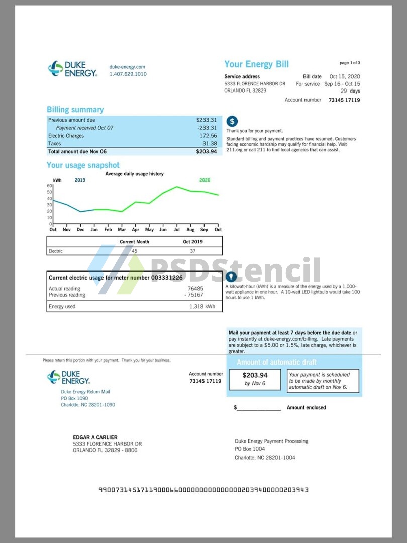 北美|USA Duke Energy Utility Bills美国水电费账单/KYC地址证明pdf模板