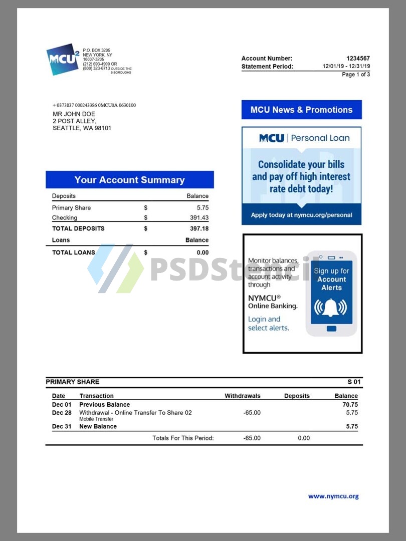 美国MCU Bank Statement银行账单/KYC地址证明word模板