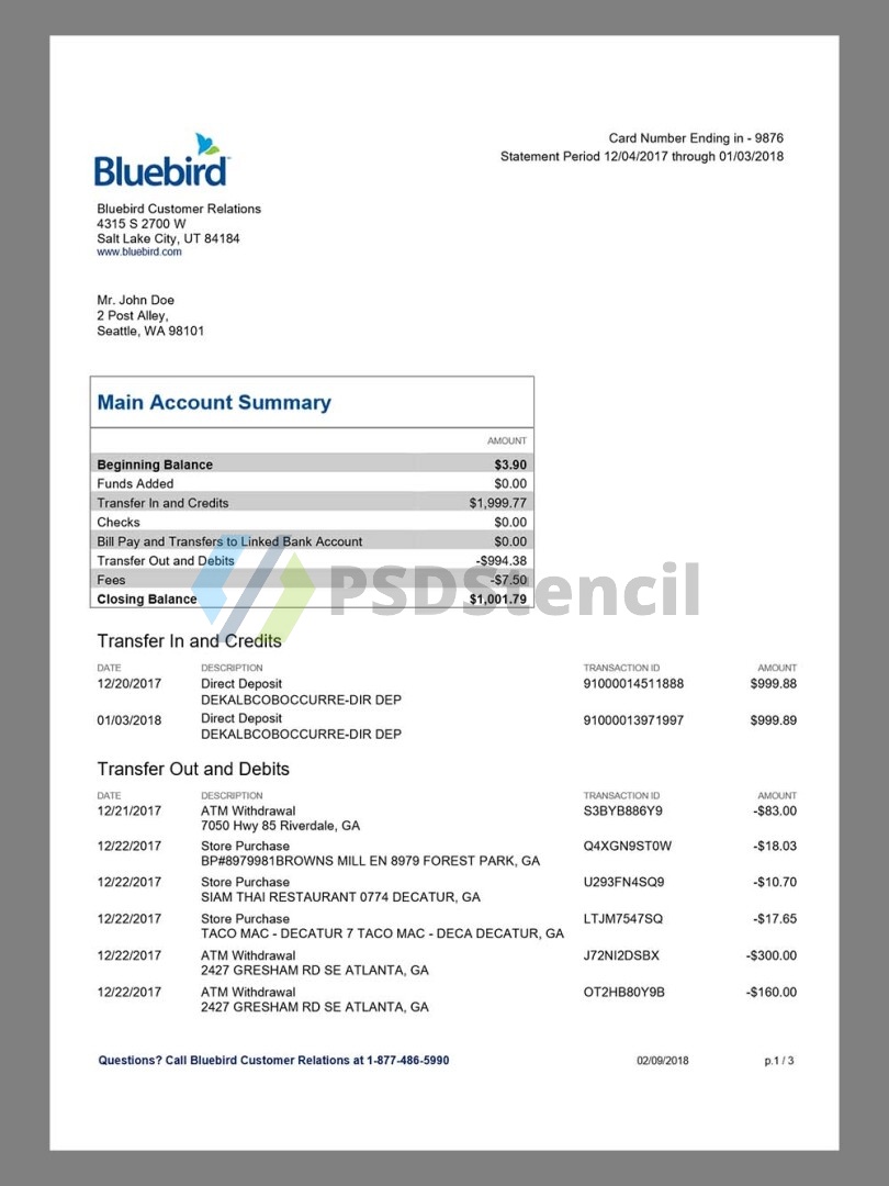 美国BlueBird Bank Statement银行账单/KYC地址证明word模板