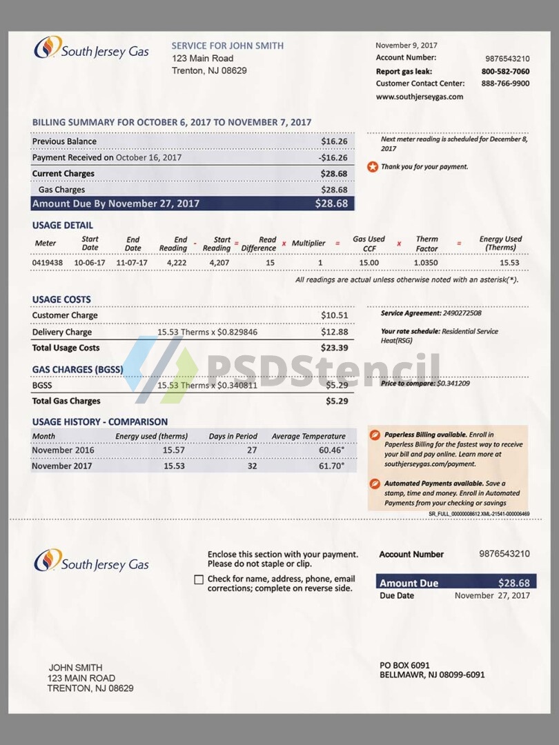 USA New Jersey South Jersey Gas Utility Bills美国新泽西水电费账单PS/PSD模板