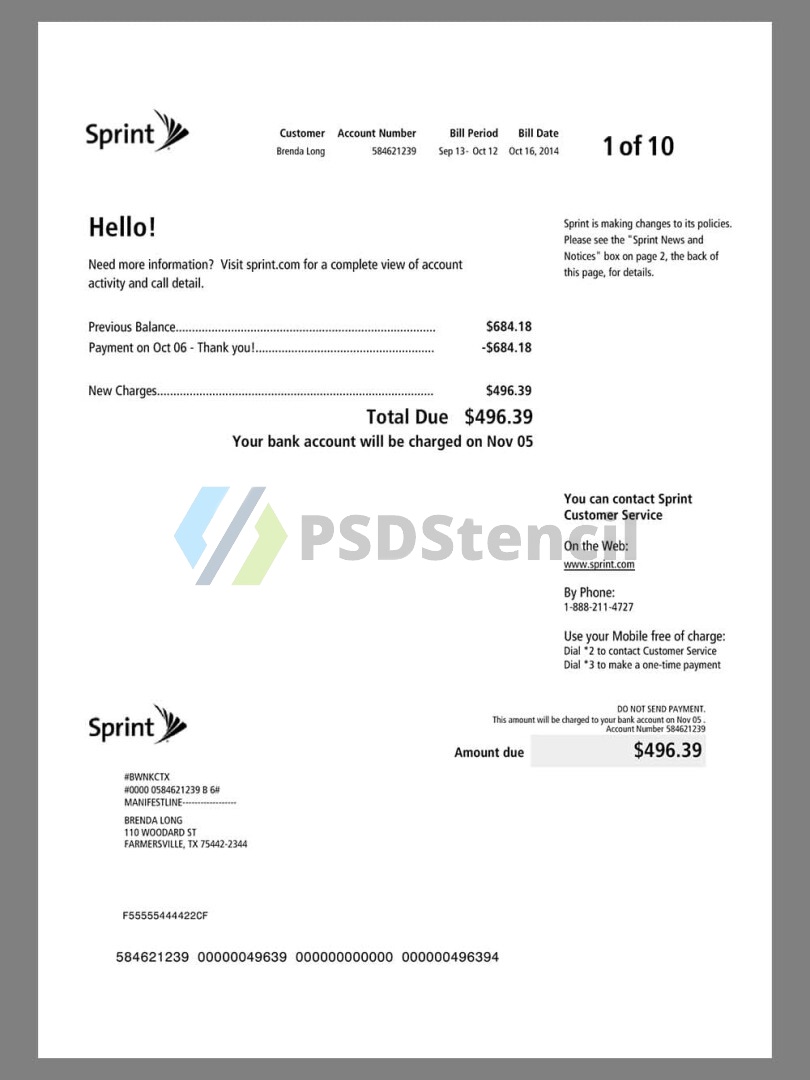 美国USA Sprint Cell Phone Bill电话水电费账单/KYC地址证明pdf模板