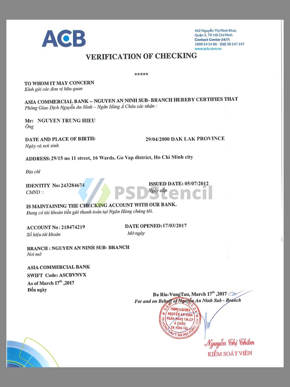Vietnam ACB Verification of Checking越南亚洲商业银行支票账户验证PSD模板