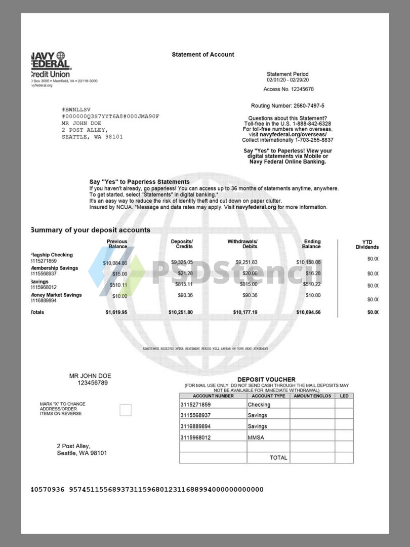 美国Navy Federal Bank Statement银行账单/KYC地址证明word模板 V2