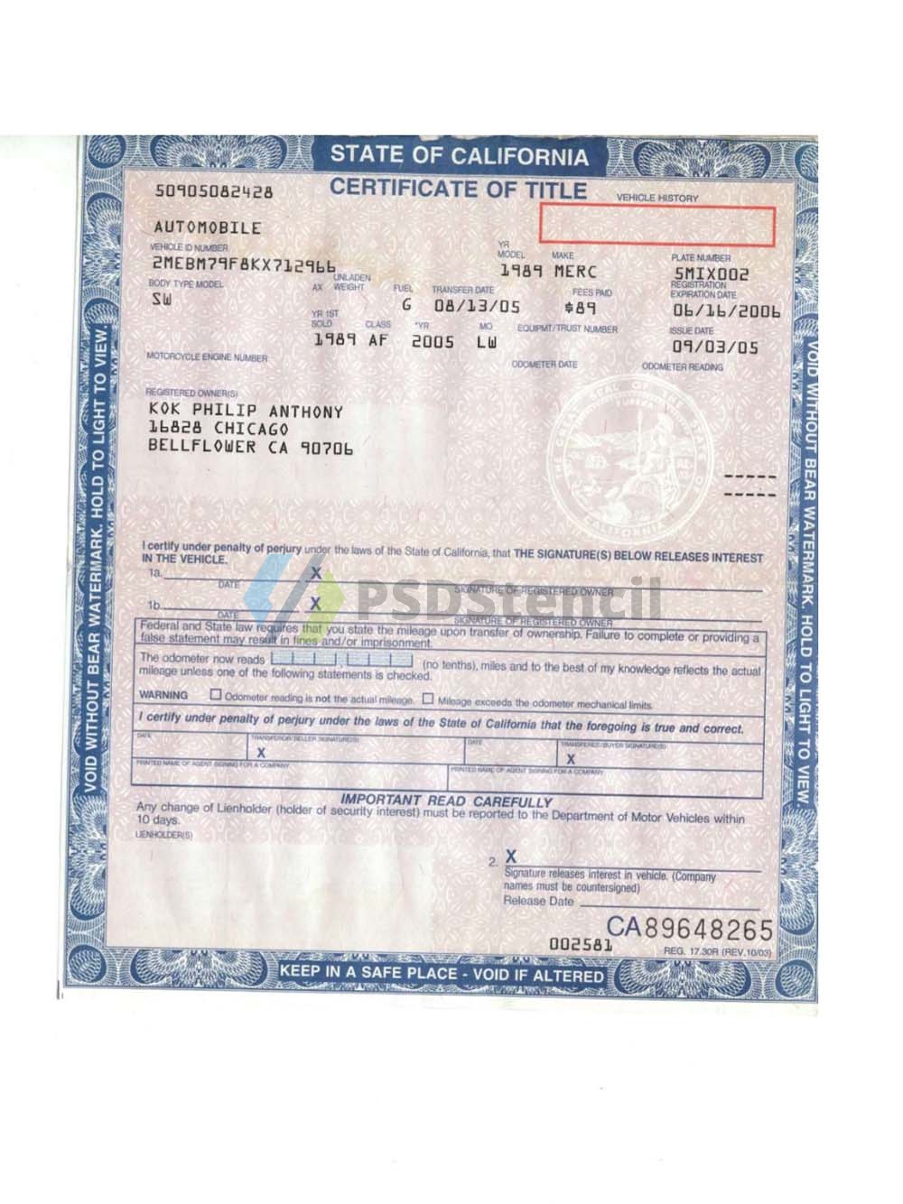 USA California Car Tilte Template美国加州车辆产权证书pdf模板