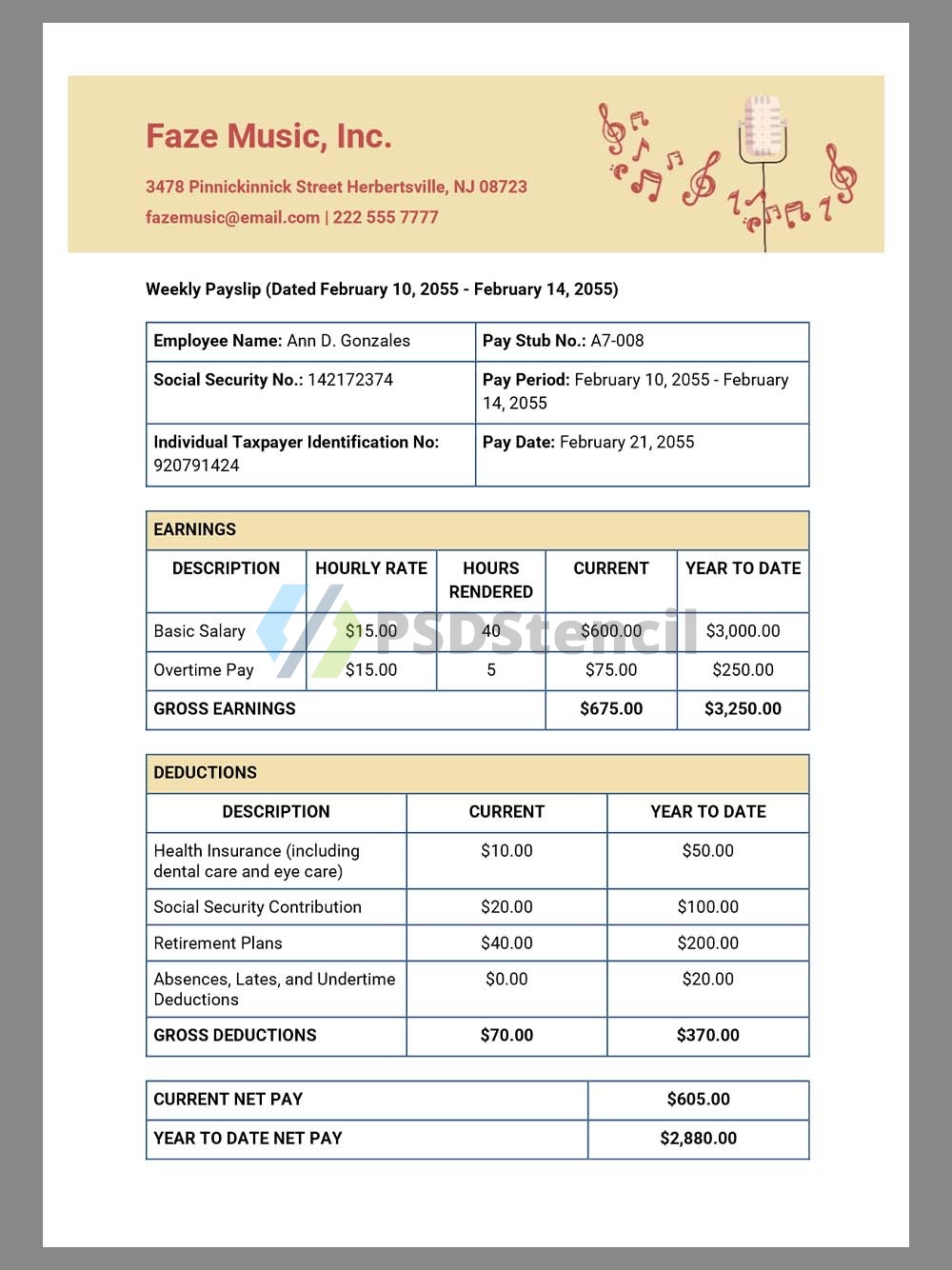 FaZe Music Paystub template娱乐公司收入证明/工资账单Word模板