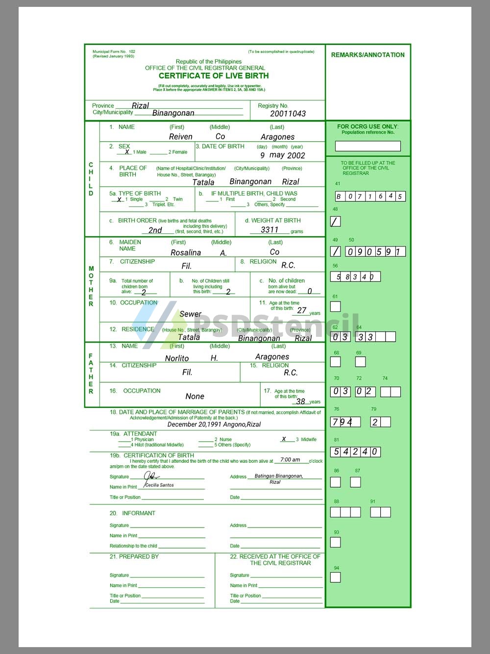 Philippines Birth Certificate Template菲律宾出生证明PDF模板（V1）