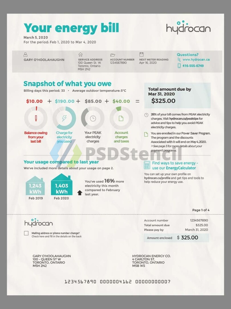 北美|Canada Ontario Utility Bills加拿大安大略省水电费账单psd模板