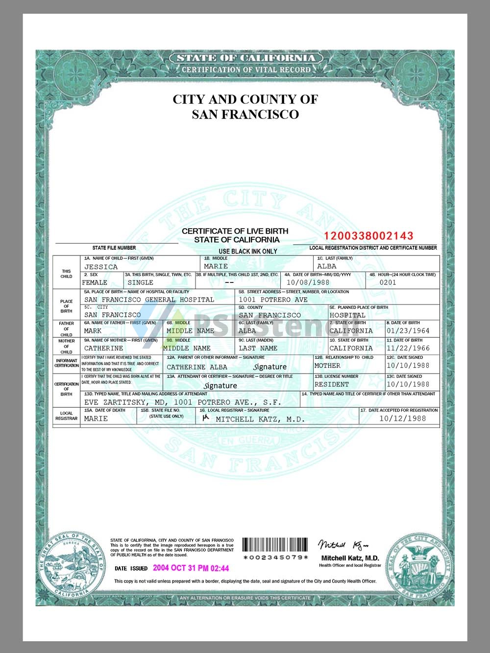USA California San Francisco Birth Certificate美国加州旧金山出生证word模板
