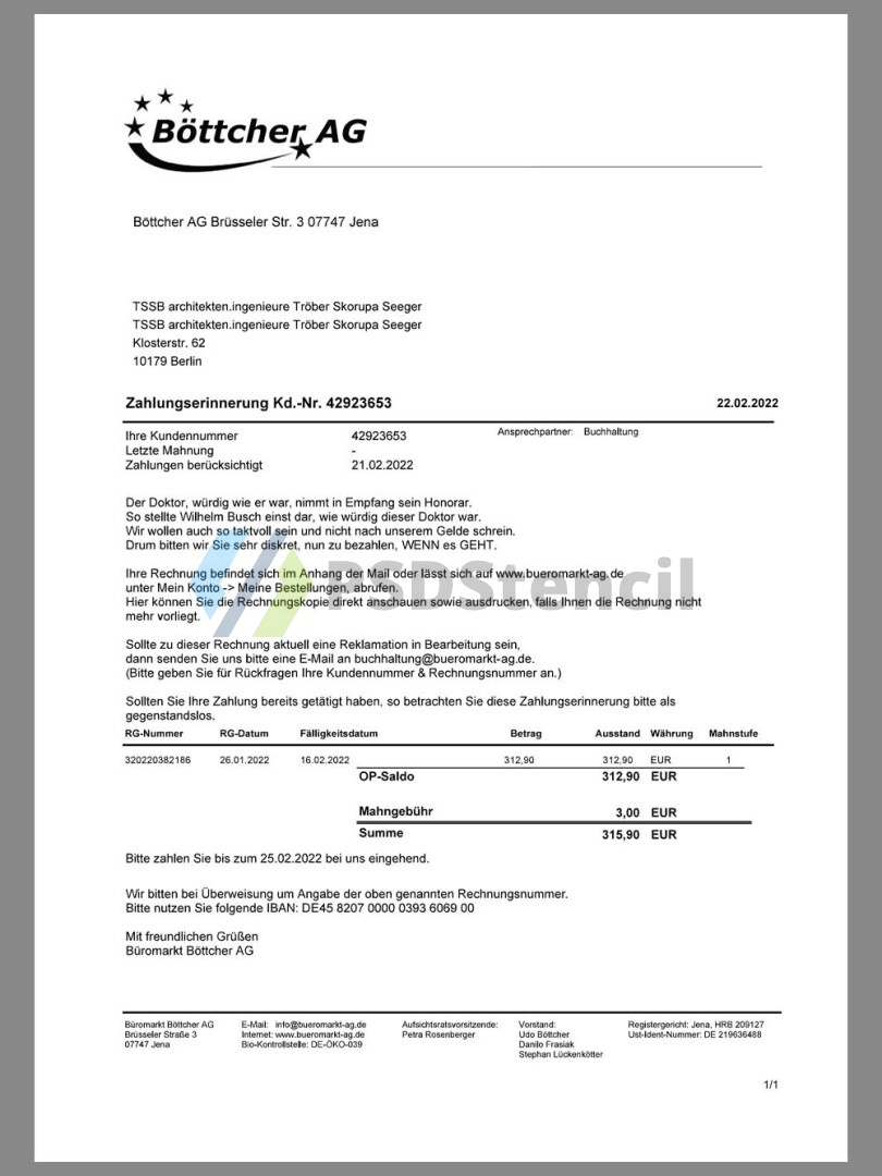 欧盟|Germany Böttcher AG Buy Invoice德国购物账单/KYC地址证明pdf模板