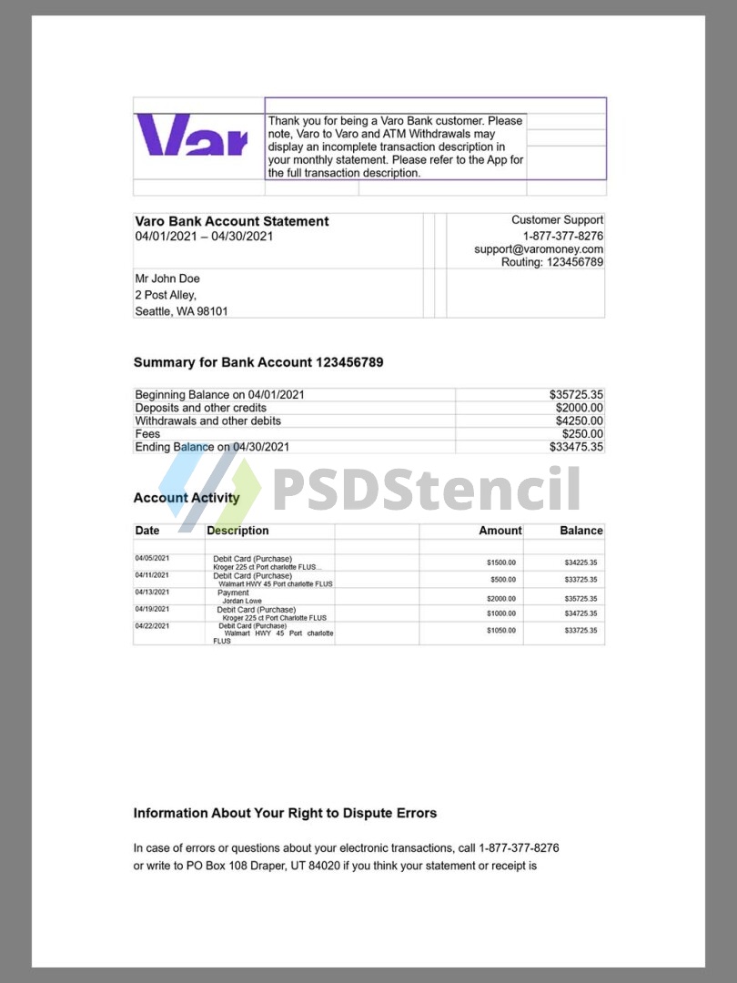 网络银行Varo Bank Statement银行账单/KYC地址证明word模板