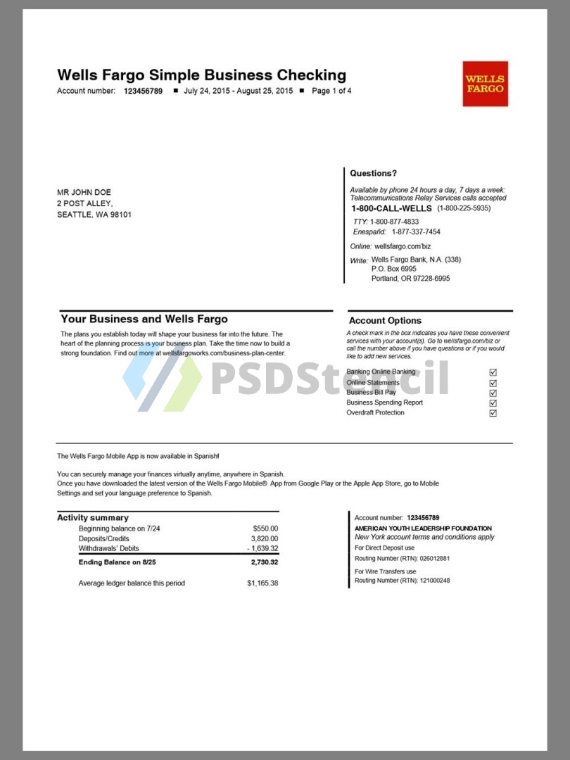 美国富国银行Wells Fargo Bank Statement银行账单/KYC地址证明word模板