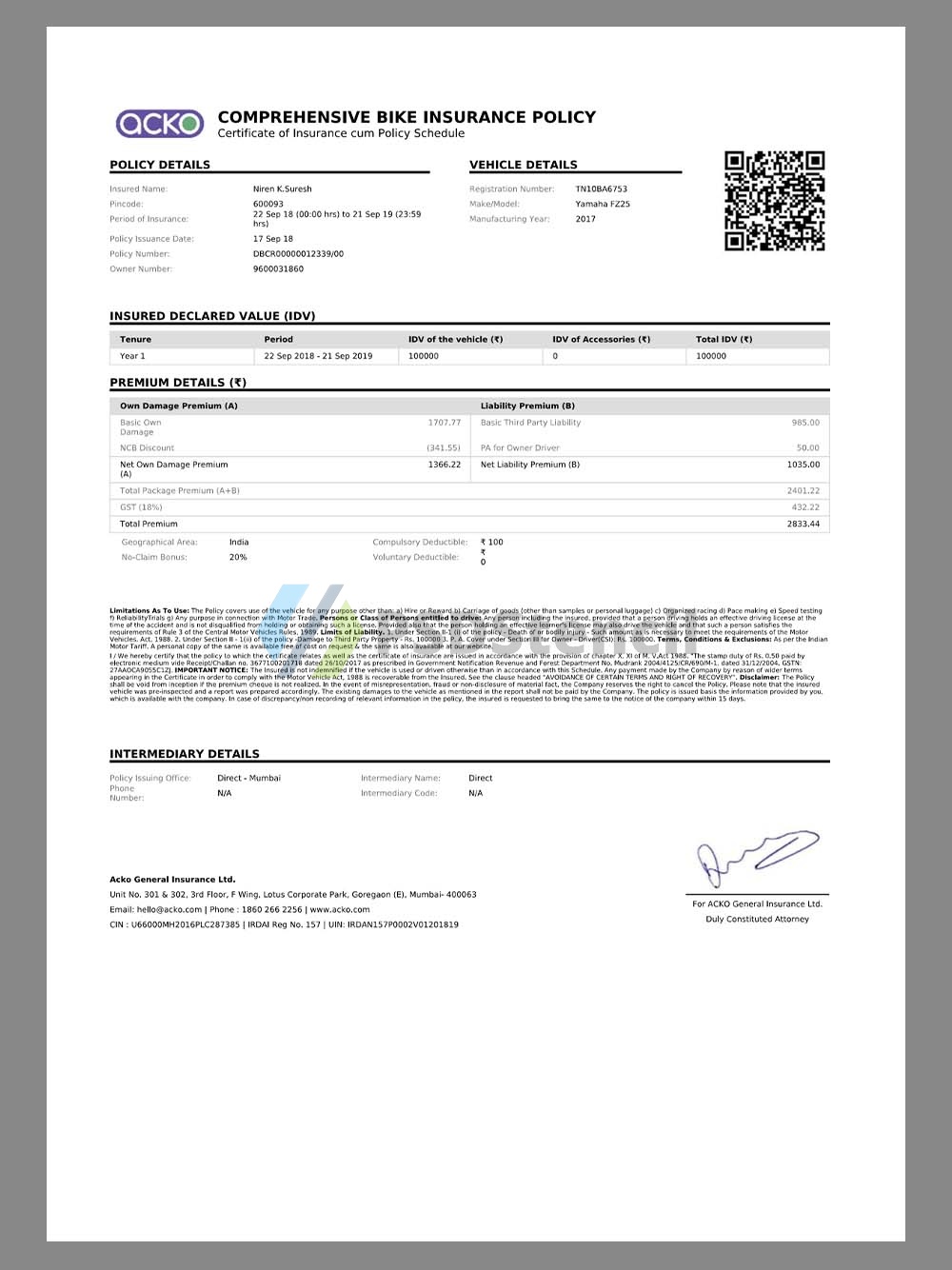 India Acko Comprehensive Bike Insurance Policy印度自行车保单pdf模板