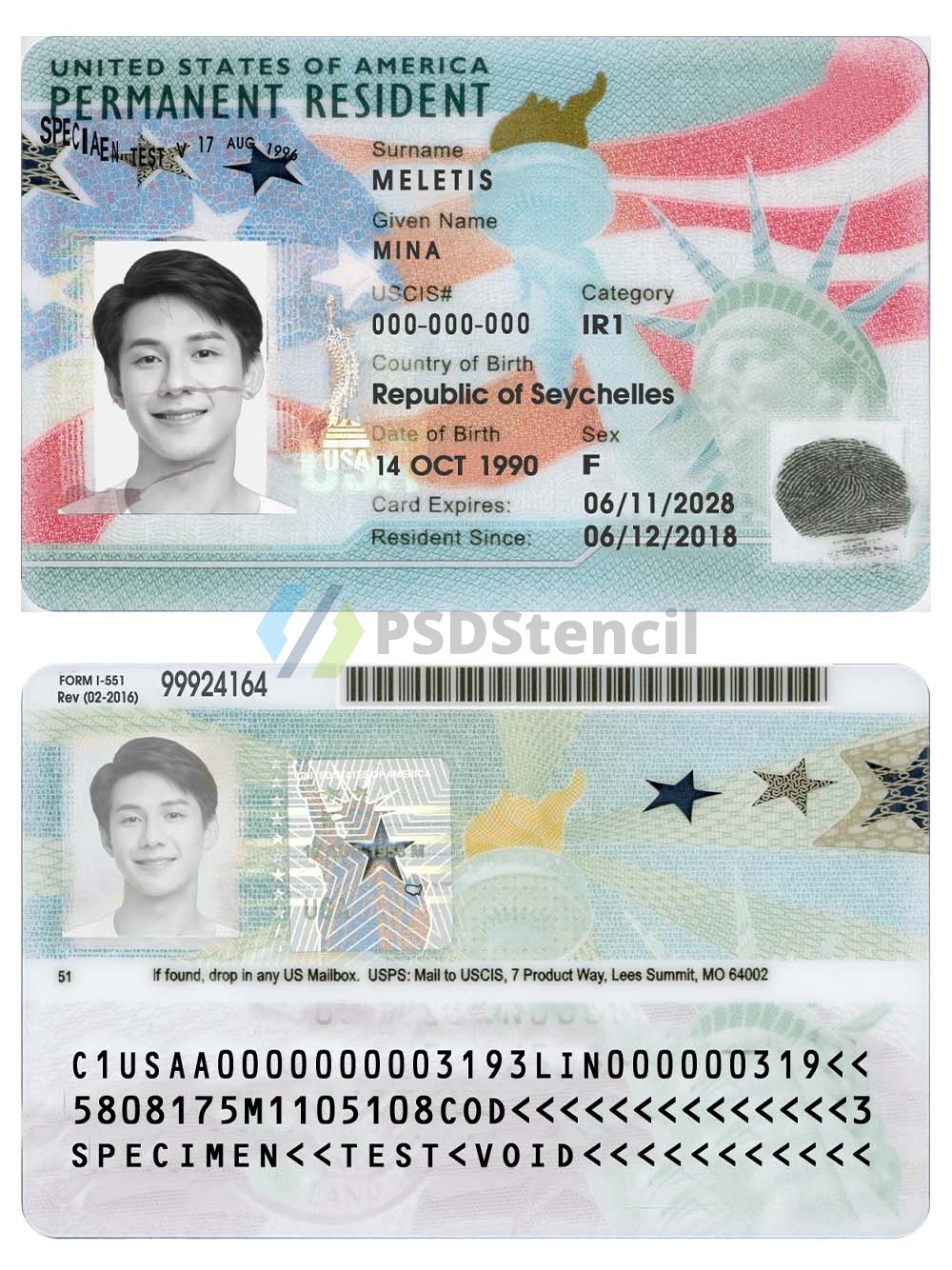 北美|USA GreenCard美国绿卡/永居卡/身份证卡photoshop/PS/PSD模板