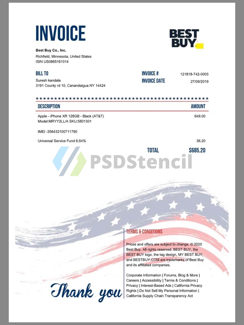 北美|USA BestBuy Buy Iphone Invoice美国百思买购物账单pdf模板