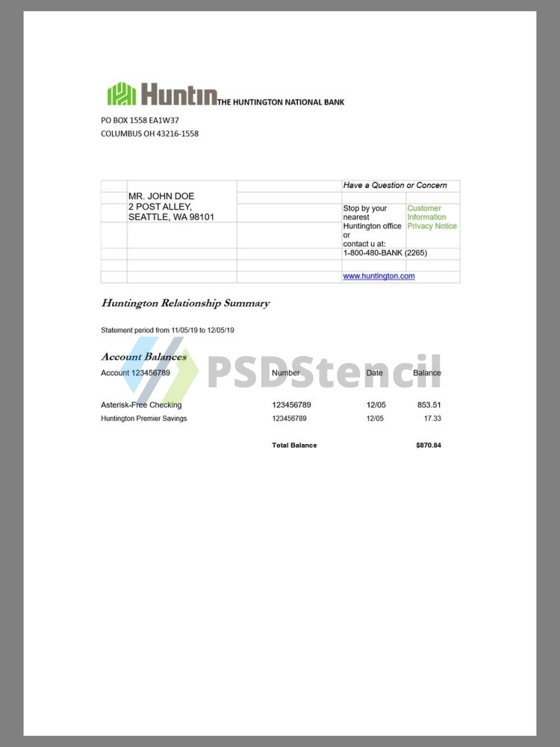 美国Huntington Bank Statement银行账单/KYC地址证明word模板