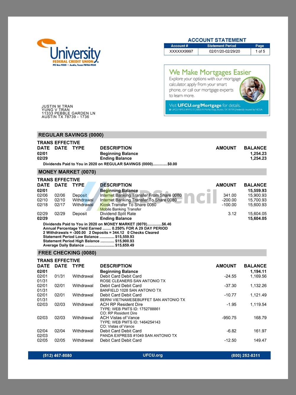 USA Texas UFCU Bank Statement美国得克萨斯州银行账单pdf模板