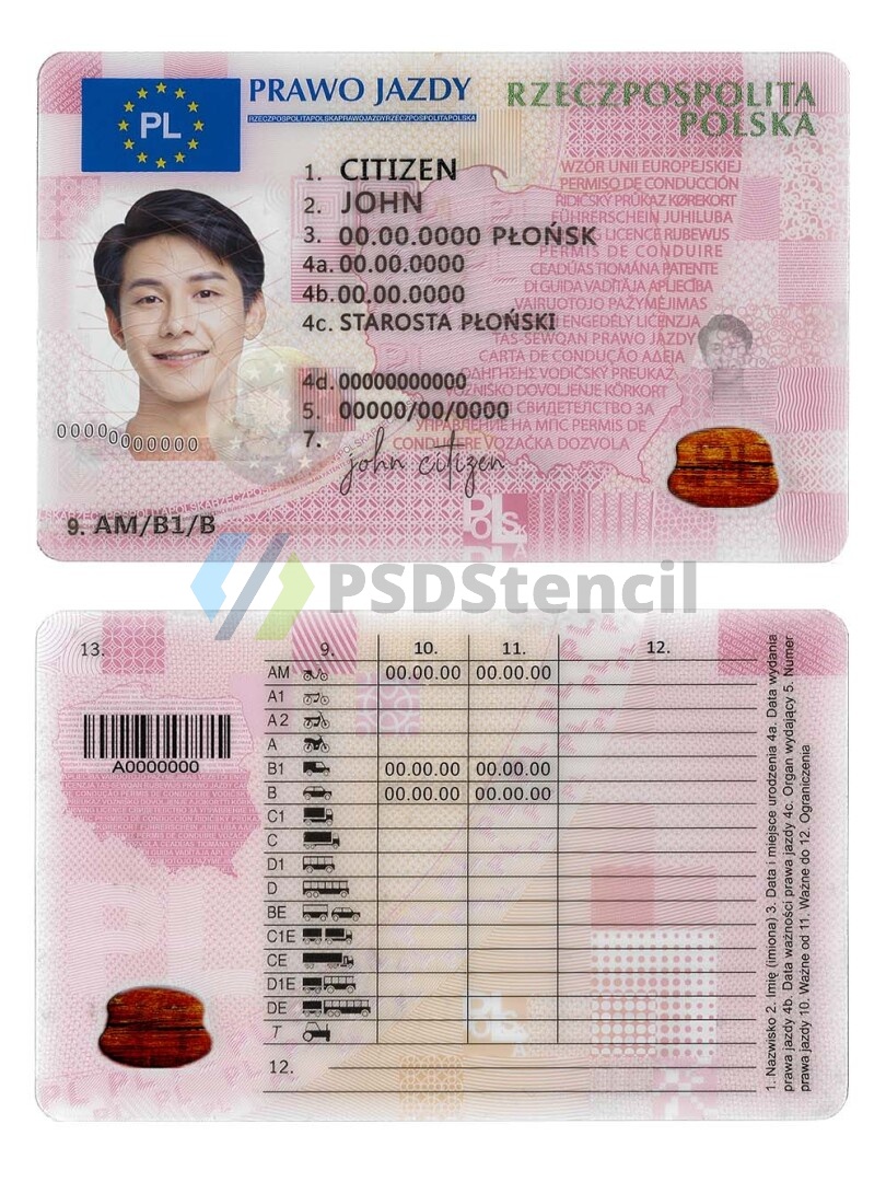 欧盟| Poland Driving Licence波兰驾照/驾驶证PSD模板(V2)