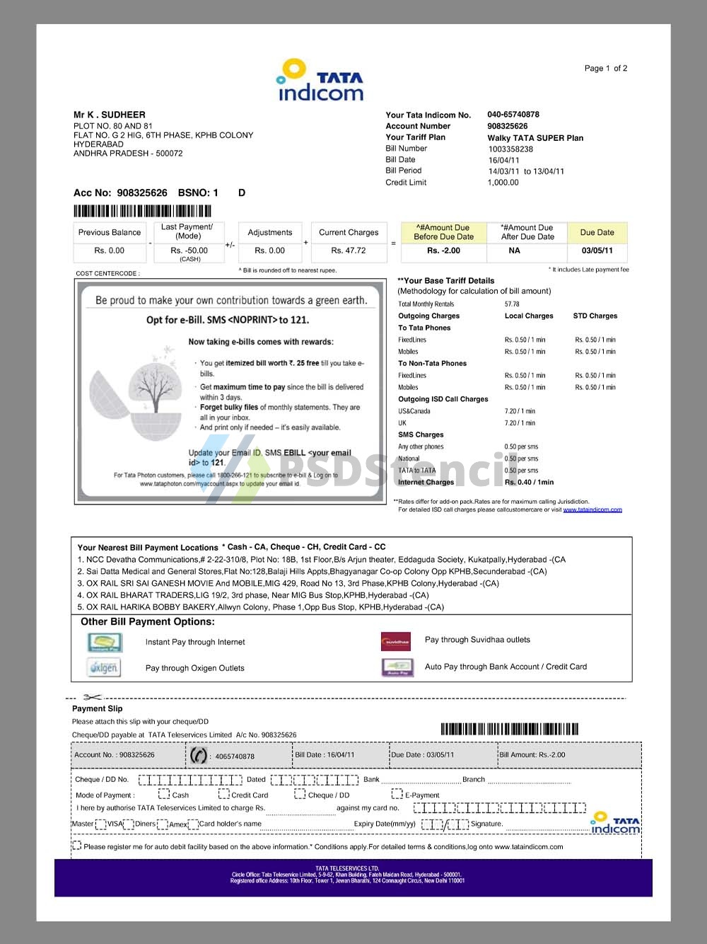 南亚|India TATA Indicom Mobile Invoice印度塔塔电信话费账单pdf模板