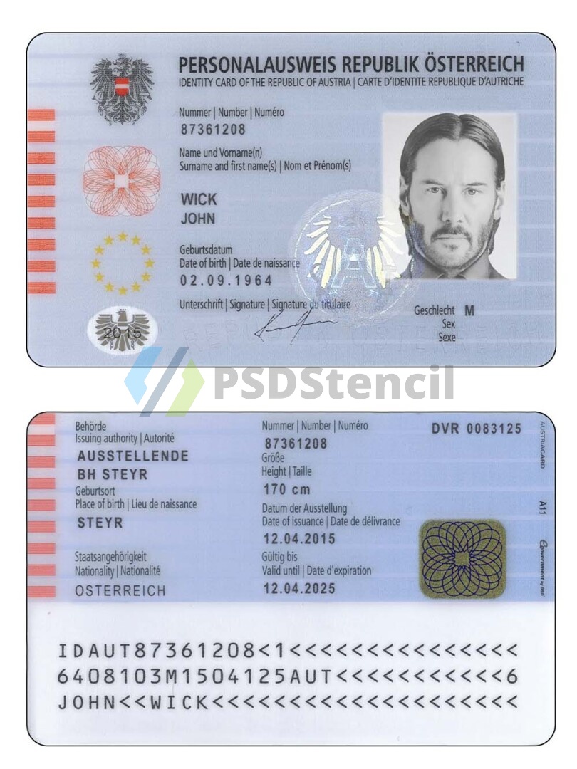 欧盟| Austria ID Card Template奥地利身份证卡PS/PSD模板(V2)