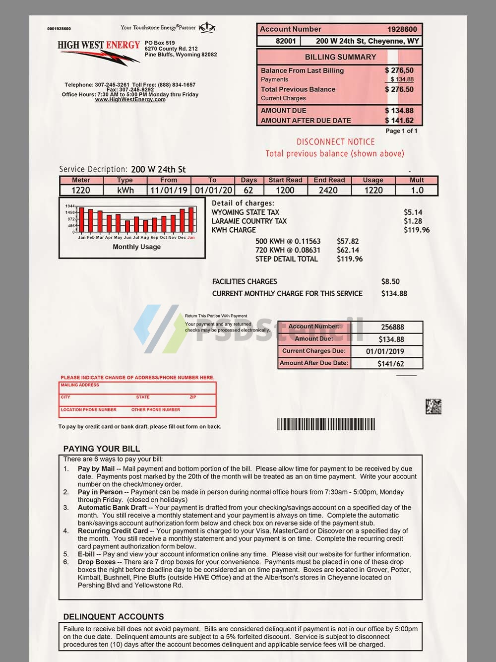 USA Wyoming High West Energy Bills美国怀俄明州水电费账单PS/PSD模板