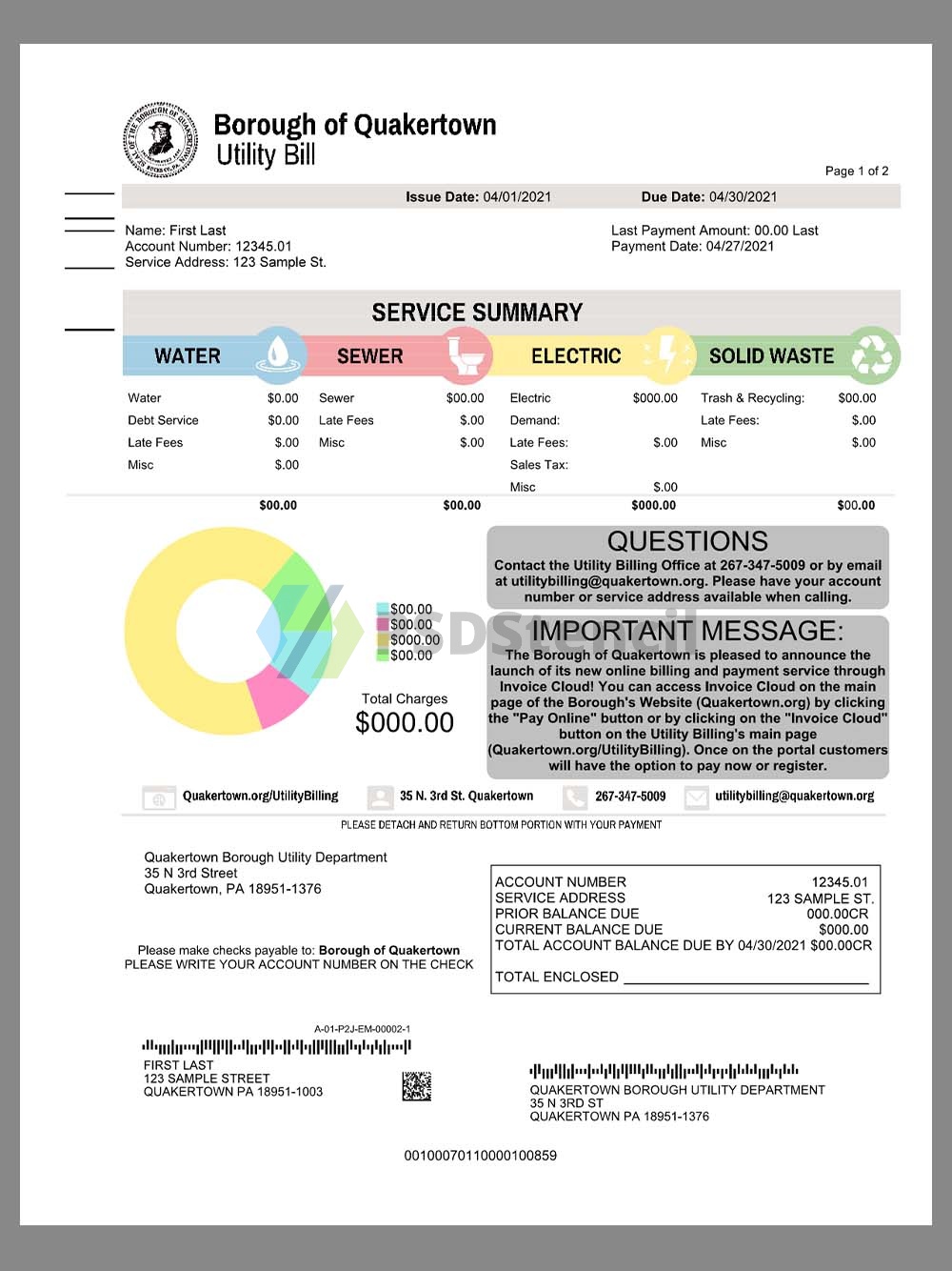 USA Pennsylvania Borough of Quakertown Water Bills美国宾州水费账单pdf&word模板