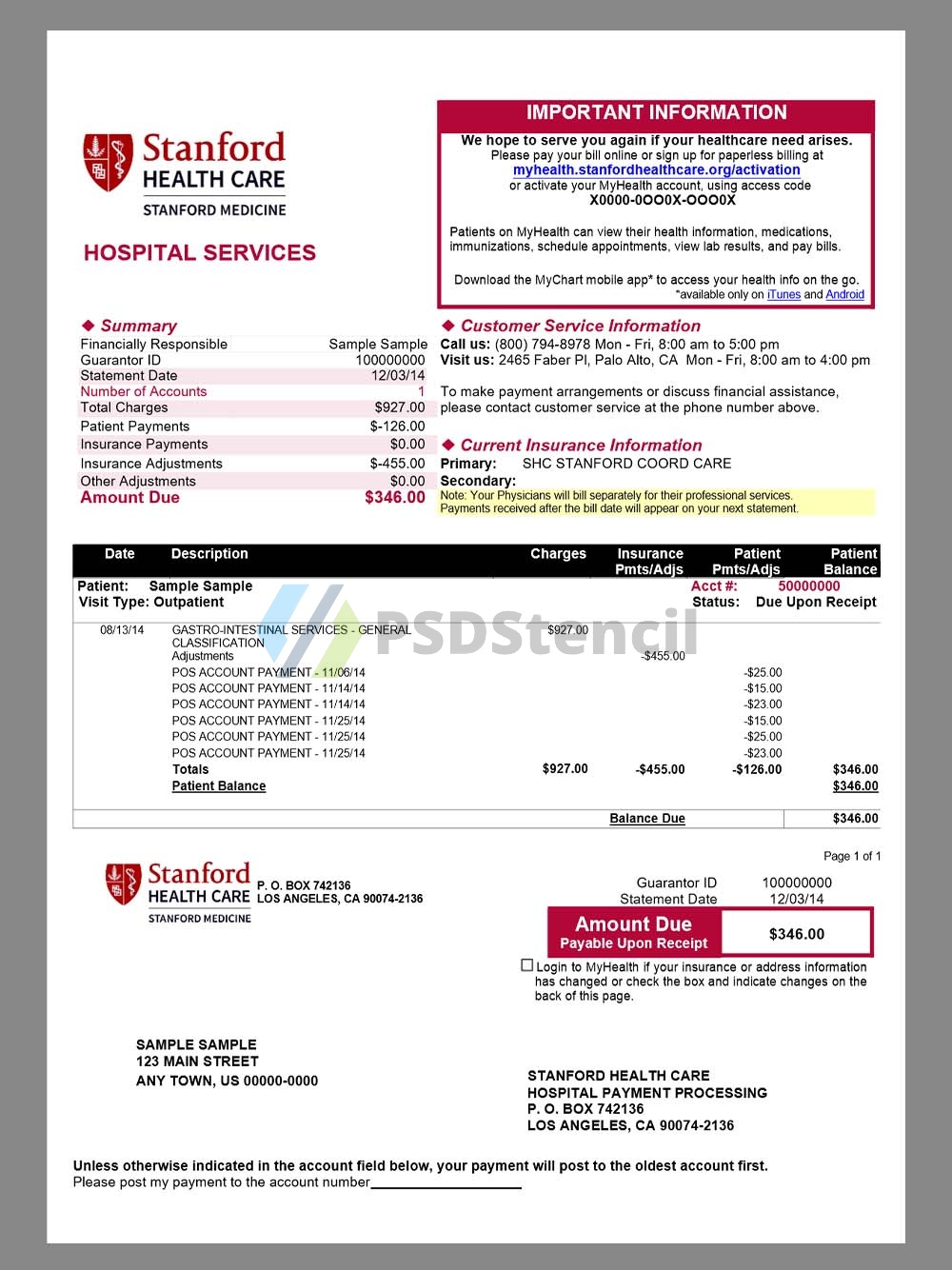 USA California Stanford Hospital Service Billing美国加州斯坦福医院账单word模板