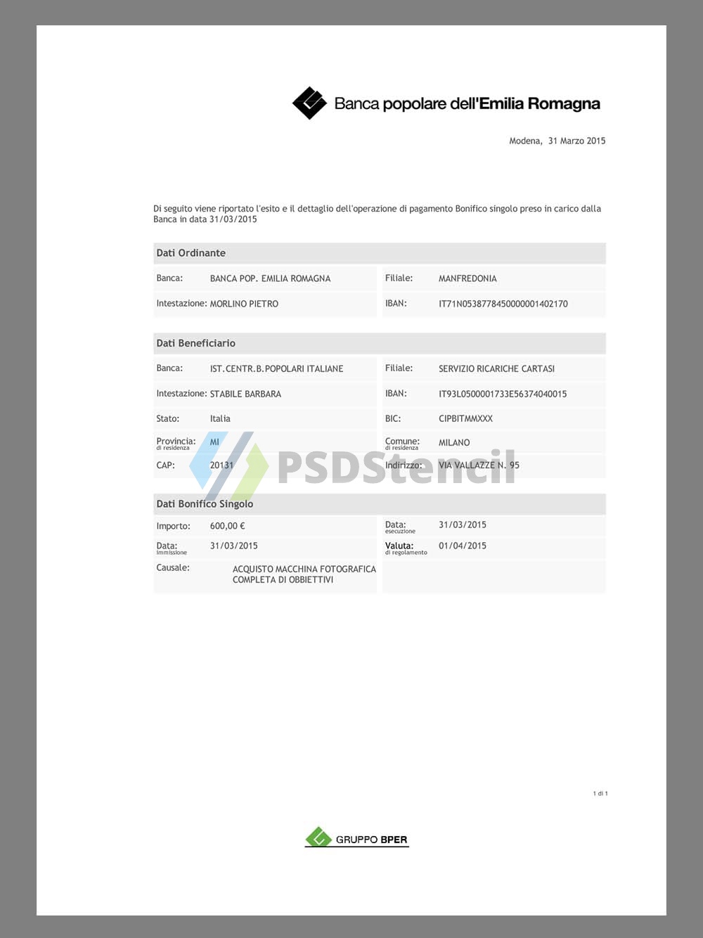Italy BPER Statement意大利银行账单/KYC地址证明pdf模板