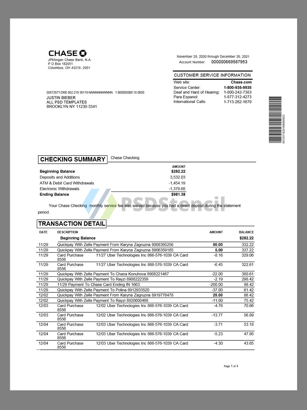 JPMorgan Chase Bank Statement摩根大通银行账单pdf模板