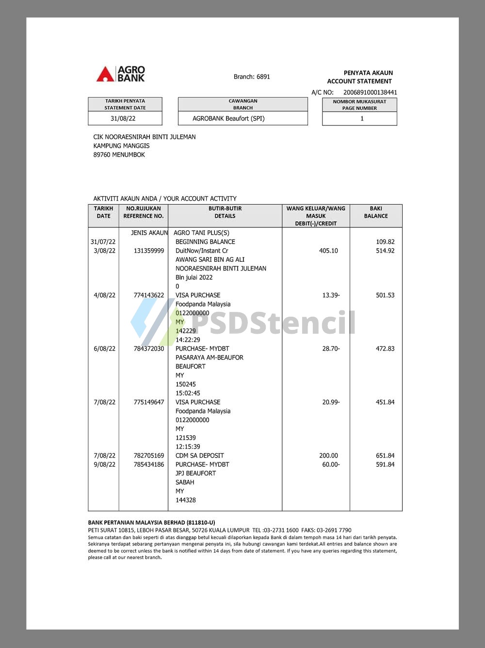 Malaysia AGRO Bank Statement马来西亚农业银行账单pdf模板